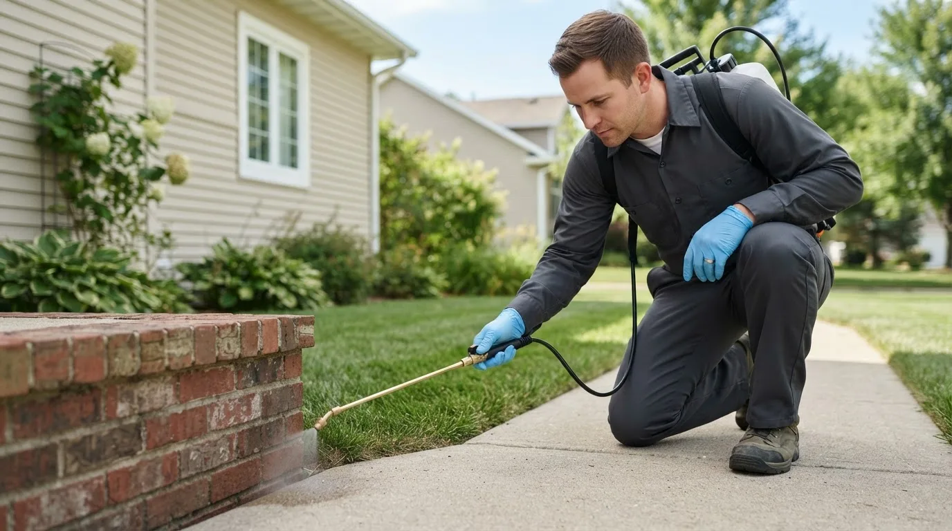 Pest control technician treating a home near Cleghorn, IA