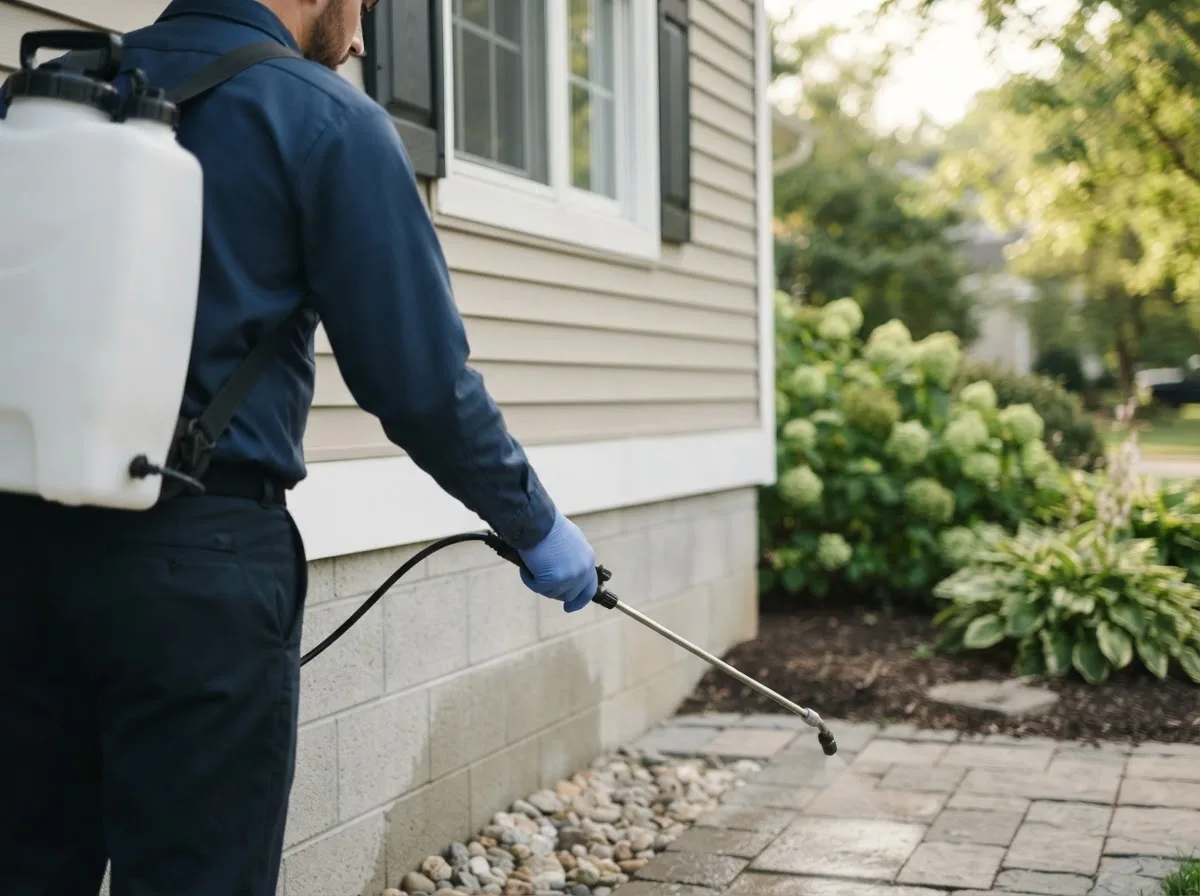 Pest control technician inspecting a home in Cleghorn, IA